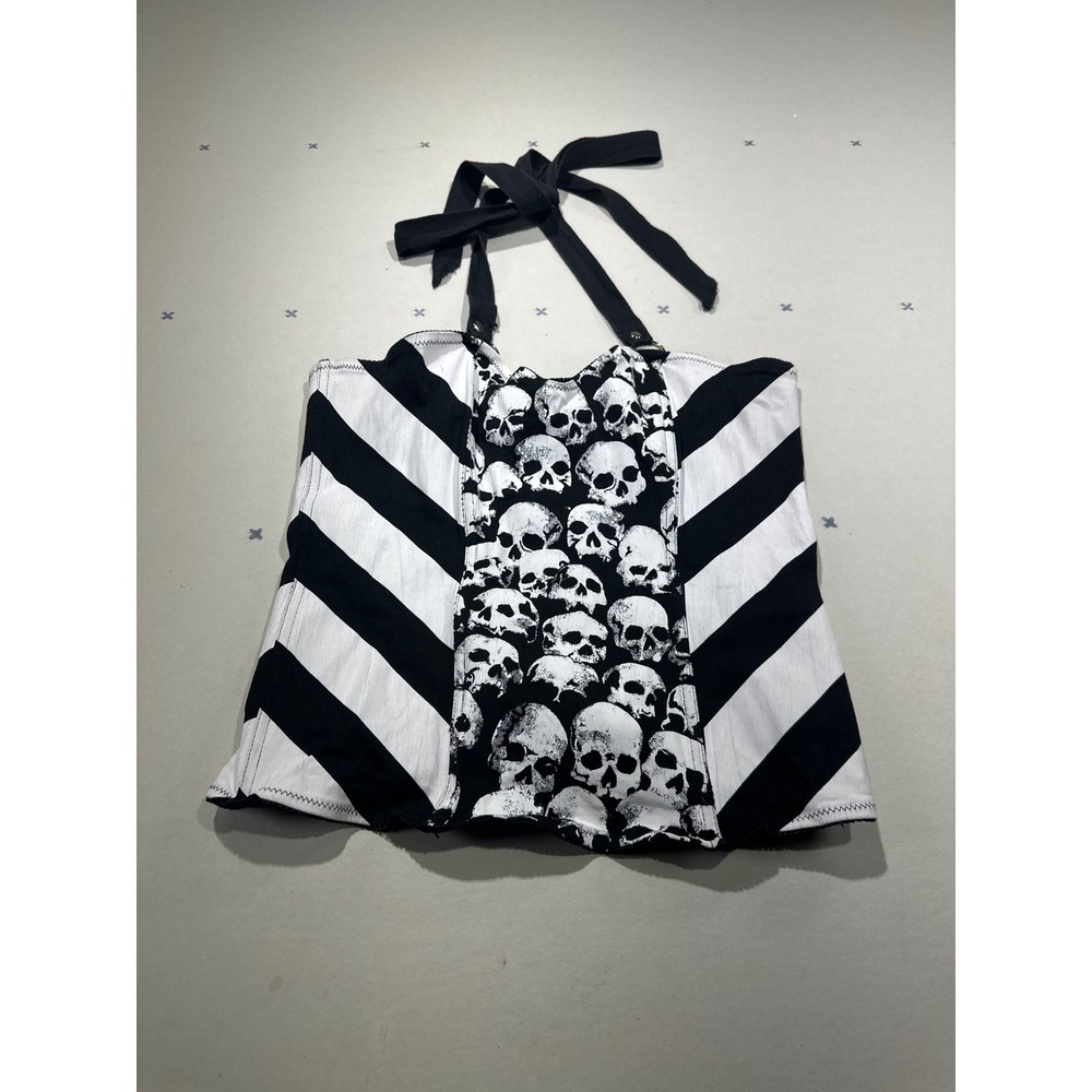 Hot Topic Skulls Diagonal Stripe Corset Halter Top Black White XL 771949